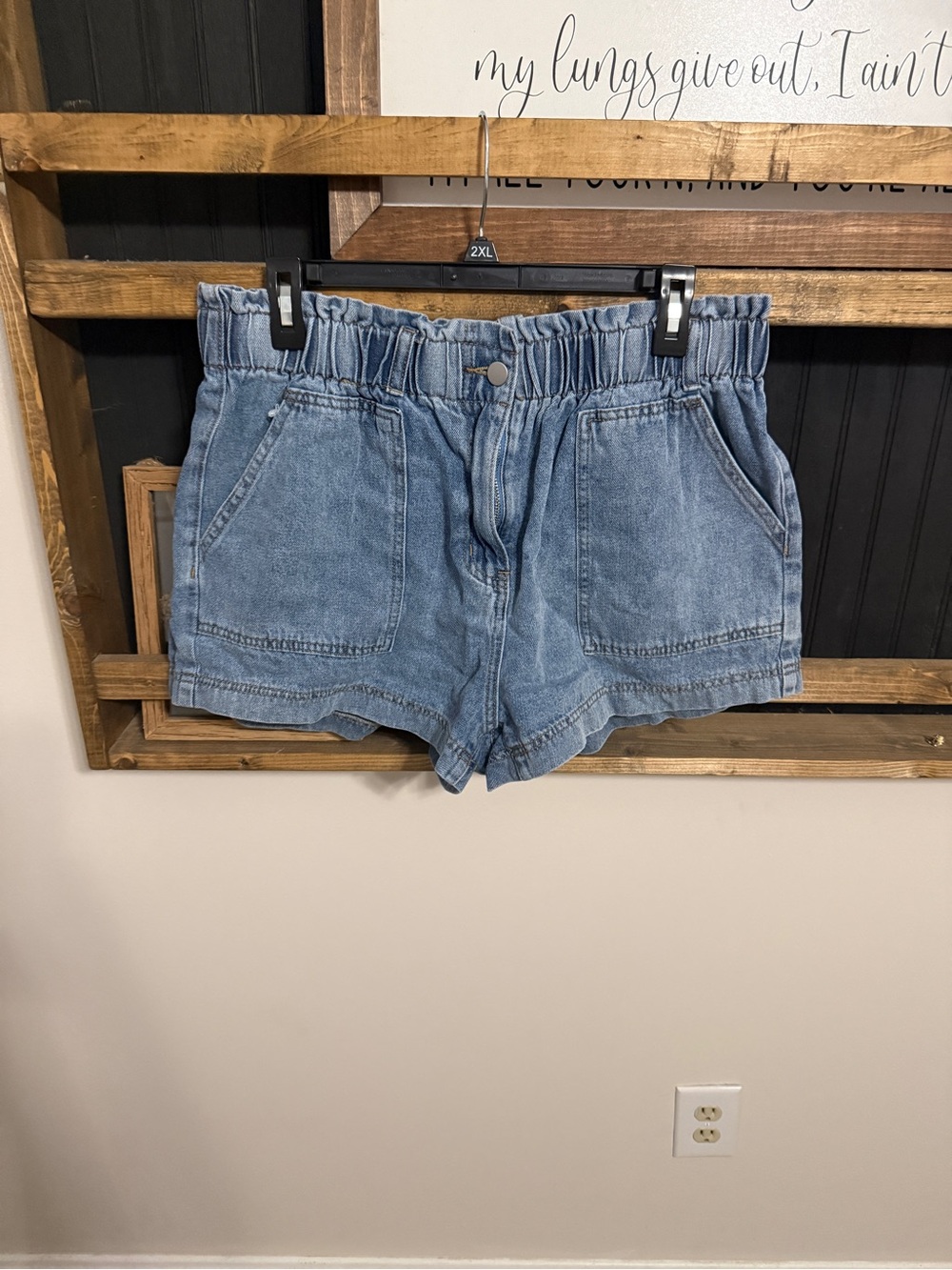 High-Rise Paperbag Denim Shorts - Light Blue